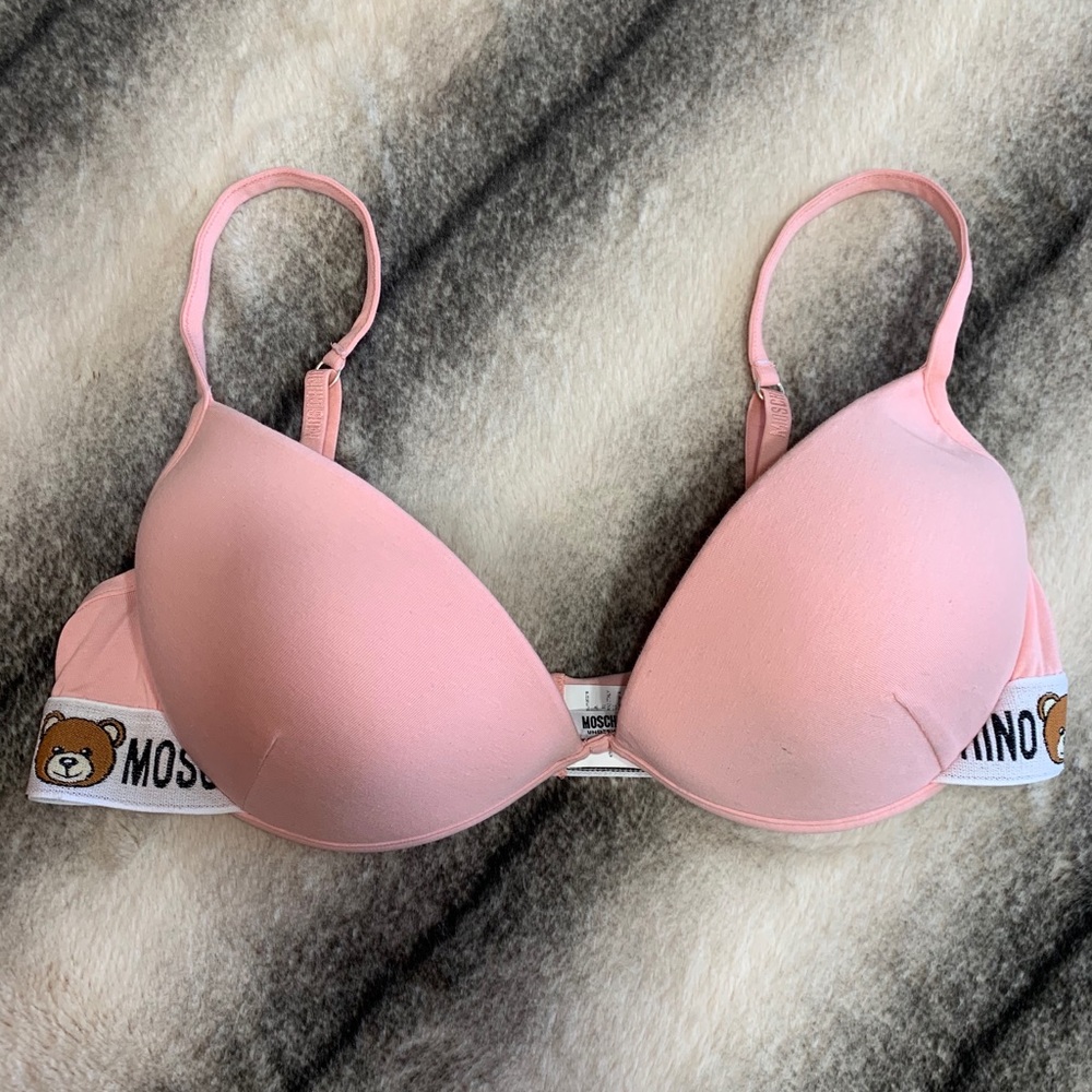 Moschino Teddy Bear Logo Band Push Up Bra Pink
